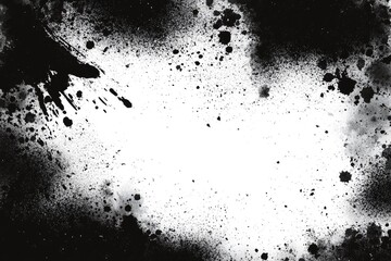 Abstract monochrome graphic with splatters.  Ink blots and sprays create a framed, textured border on a white background