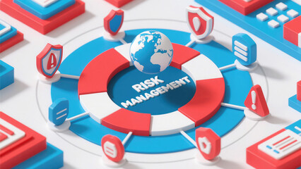 A circular diagram with RISK MANAGEMENT at its core, surrounded by interconnected icons