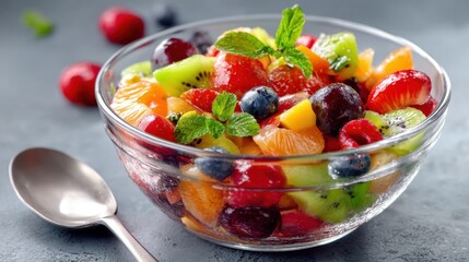 A colorful bowl of fruit salad with a silver spoon