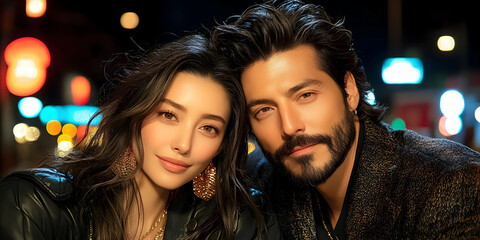 Romantic Couple Portrait Photography Night City Lights Background