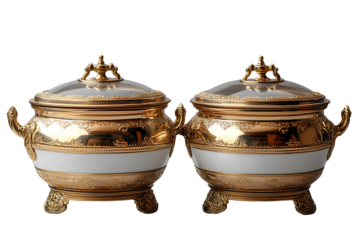 Two chafing dishes with gold trim, isolated on a transparent background