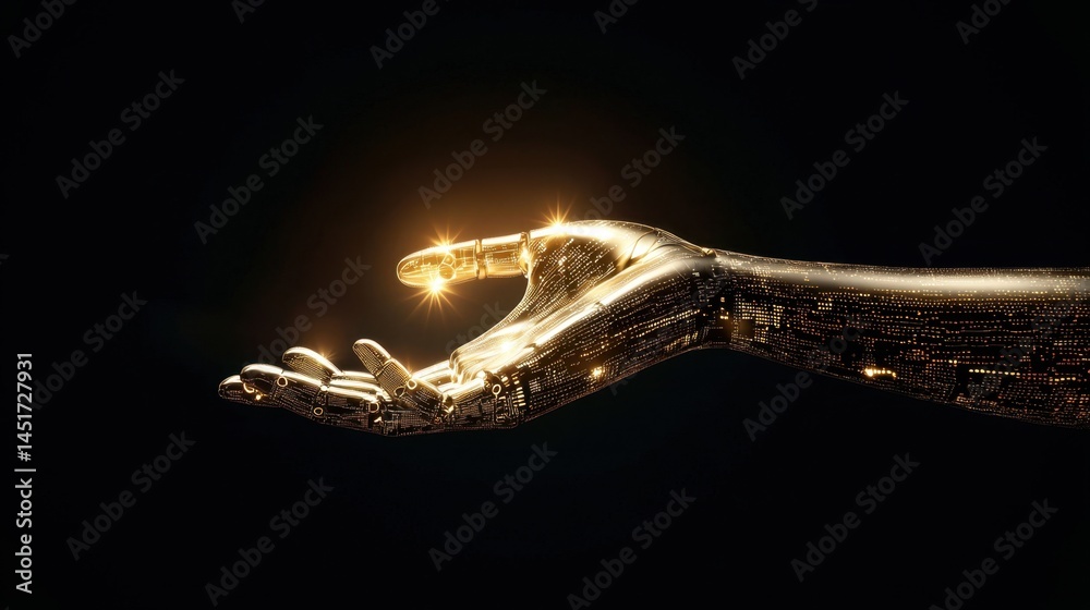 Poster ai hand glowing as it codes new algorithms in a futuristic virtual interface