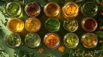 Assorted herbal infusions in glass jars