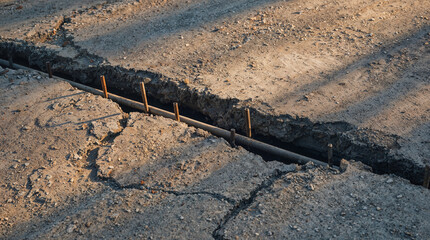 Broken Concrete Trench with Pipes and Rebar