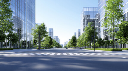 Obraz premium wide city street lined with glass skyscrapers and greenery, showcasing modern urban landscape. scene evokes sense