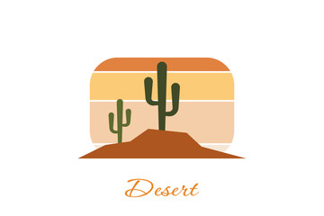 Desert landscape logo, palm tree and cactus logo in line style with retro color theme