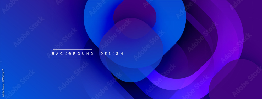 Aufkleber Abstract blue purple layers create dynamic background. Modern design features overlapping circles, gradients, text elements.