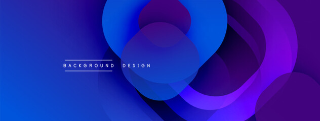 Abstract blue purple layers create dynamic background. Modern design features overlapping circles, gradients, text elements.