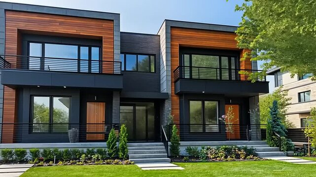 Modern duplex home with wooden accents, lush green lawn, and vibrant landscaping under clear sky