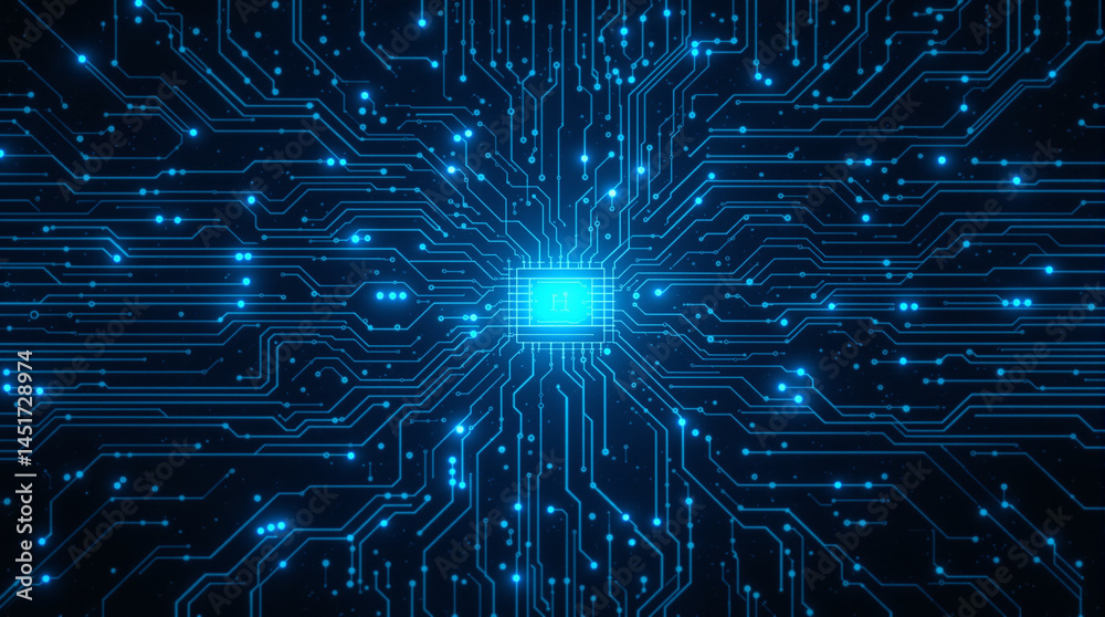 Poster digital core: an abstract representation of a central processing unit (cpu) with intricate circuit p
