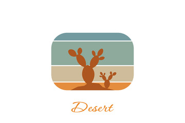 Desert landscape logo, palm tree and cactus logo in line style with retro color theme