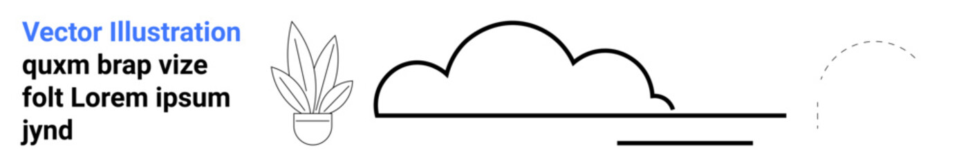 Simple outline of a cloud, potted plant, and dashed lines. Ideal for minimalism, nature, environment, mindfulness, simplicity design concepts clean aesthetics. Perfect flat landing page banner