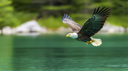 majestic bald eagle soars gracefully over tranquil lake, showcasing its powerful wings and keen focus