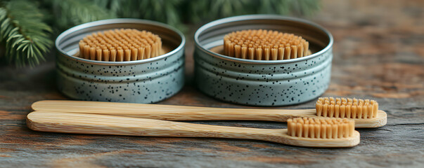 Wooden Toothbrushes and Brush Heads in Stylish Containers on Rustic Wooden Background