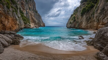Obraz premium Hidden cove with turquoise water and towering cliffs on Sardinia island