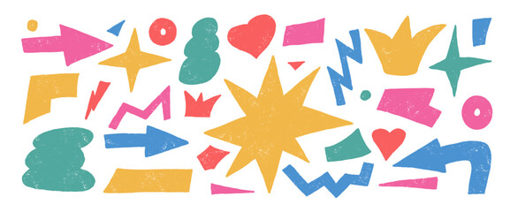 Abstract geometric shapes crayon drawn set. Organic colorful playful stickers doodle isolated on white background. Graphic hand drawn elements. Vector figures illustration by pencil.