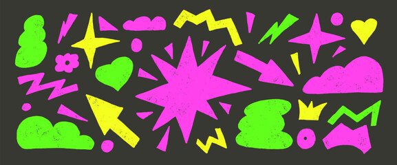 Geometric shapes neon crayon drawn set. Stars, crown, arrows and vector figures by highlight marker. Vibrant colors playful stickers doodle on dark background. Graphic hand drawn funky elements.