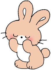 볼을 감싸고 있는 살구빛 토끼 캐릭터 일러스트 스티커