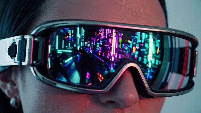 Futuristic city reflections in vibrant neon goggles capturing dynamic urban vibes