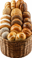 A Realistic Photo of a Wicker Basket Filled with Assorted Breads