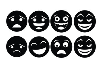 Clipart bundle, black emoticons with different facial expressions vector illustrations on white background