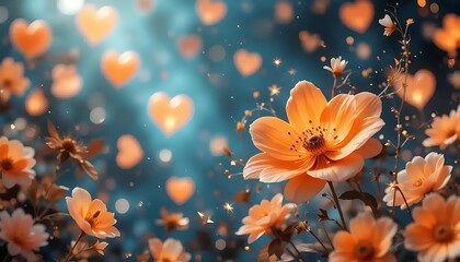 Delicate Orange Flowers and Floating Hearts on a Soft Dreamy Background