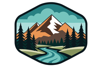 A snowcapped mountain overlooks a river surrounded by pine trees in format