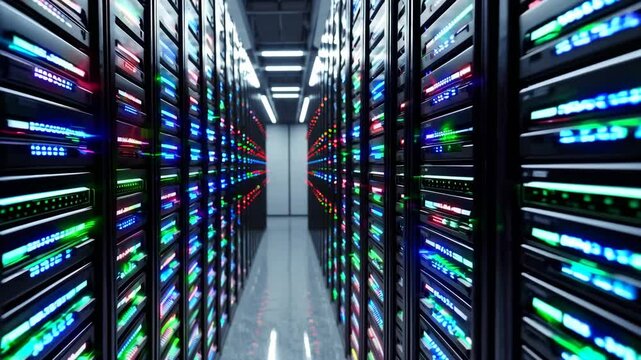 Dynamic view through vibrant data center servers with glowing lights