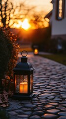 Tranquil evening pathway.  A lantern glows softly on a cobblestone path, bathed in the golden hues of sunset
