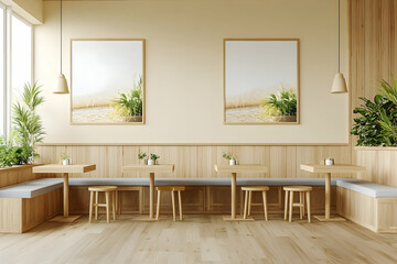 Serene Minimalist Cafe Interior Design Wooden Booths and Light Walls