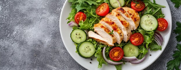 A plate with chicken salad, tomatoes, cucumbers, and lettuce