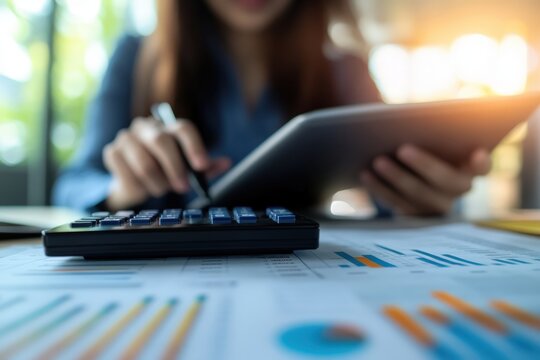 A person is actively using a calculator and also writing on a piece of paper