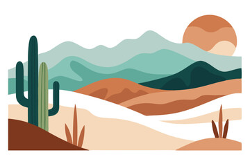Fototapeta premium A tranquil desert landscape shows cactus silhouettes against layered mountains and a setting sun