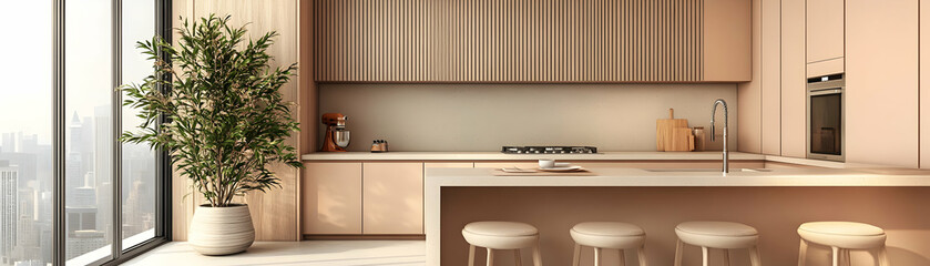 Modern Kitchen Design 3D Rendering: Minimalist Interior with Neutral Tones and Island