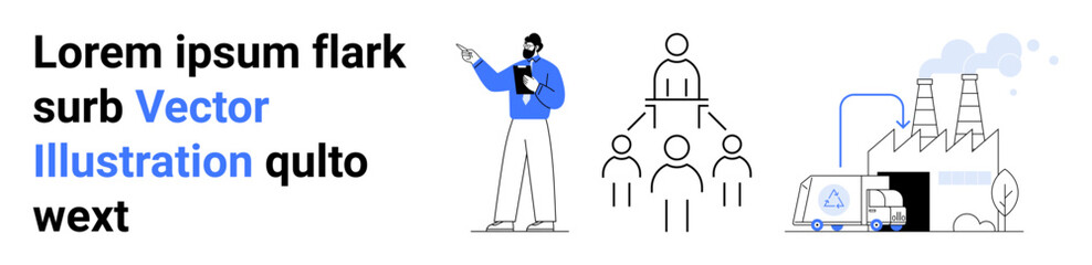 Person presenting with tablet, team structure chart, sustainable factory with delivery truck. Ideal for business, teamwork, management, logistics, sustainability, manufacturing simple landing page