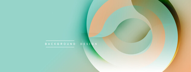 Abstract design features layered circles, soft colors. Turquoise background complements peach, gray tones. Minimalist aesthetic, modern feel.