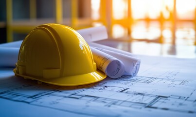 A bright yellow hard hat is resting atop a detailed blueprint for reference