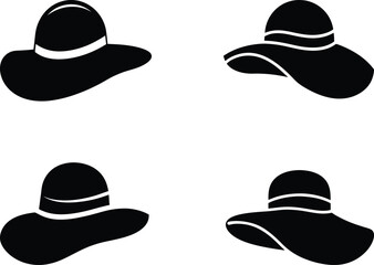 Beach hat vector silhouette set - 4 summer designs, EPS JPEG PNG