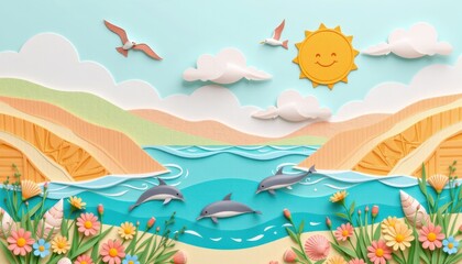 Fototapeta na wymiar A high resolution, full frame digital artwork in premium paper cut mixed media style, depicting a joyful coastal landscape in early summer