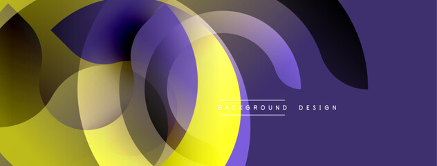 Abstract design features overlapping circles, yellow, purple hues. Modern aesthetic, smooth gradients create dynamic visual impact.