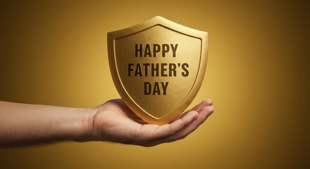 Hand holding a shield with happy father's day text on a gold background.