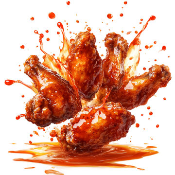 Hot and spicy chicken wings with a splash of hot sauce white and transparent background