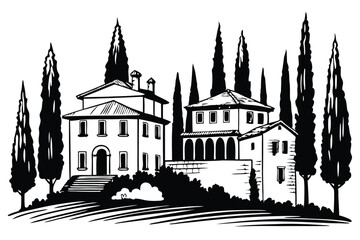 Black and white sketch shows Tuscan villas among stylized cypress trees on hillside landscape