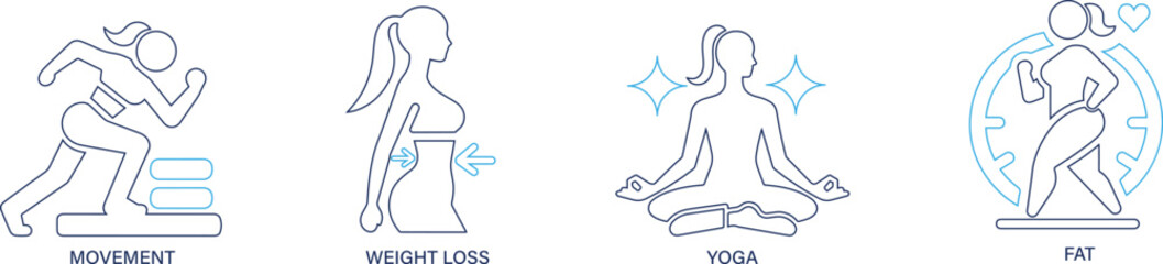 Flat vector icons for women’s fitness, workout, health, and active lifestyle themes.

