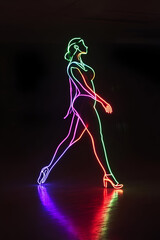 female figure outlined in neon light, electric bold palette and dark background