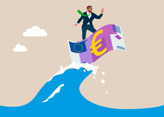 Businessman surfing on euro banknote. Business success.  Investment challenges. Career growth, motivation, ambitions, innovation. Modern vector illustration in flat style