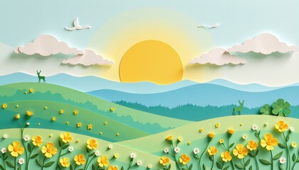 Fototapeta premium A full frame digital illustration in textured paper cut mixed media style, showcasing a gentle hilltop sunrise