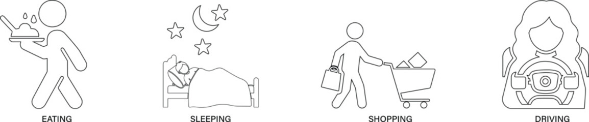 Flat vector line icons representing various human actions, movements, and daily activities.