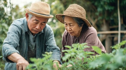Elderly couple gardening in their backyard