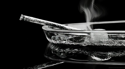 An object in clear glass with steam against a black background